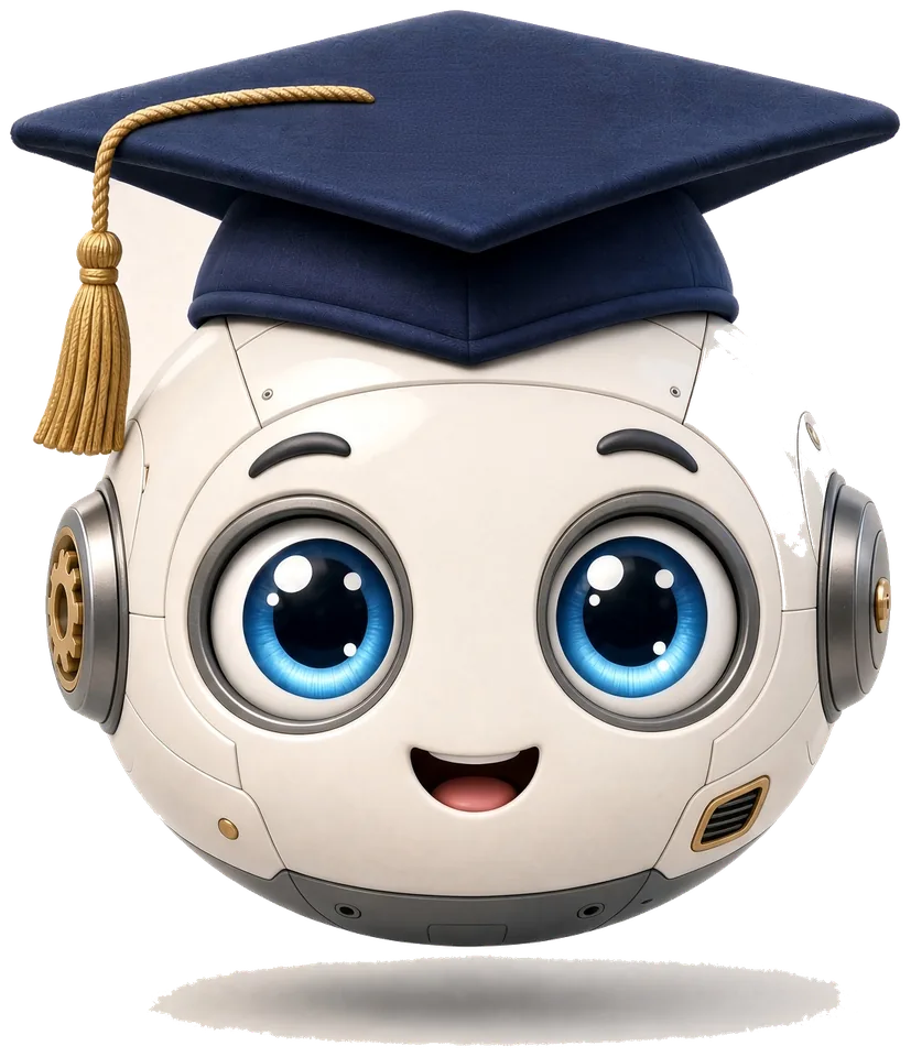 Maskota Profesor24: glava robota s kapo diplomanta.
